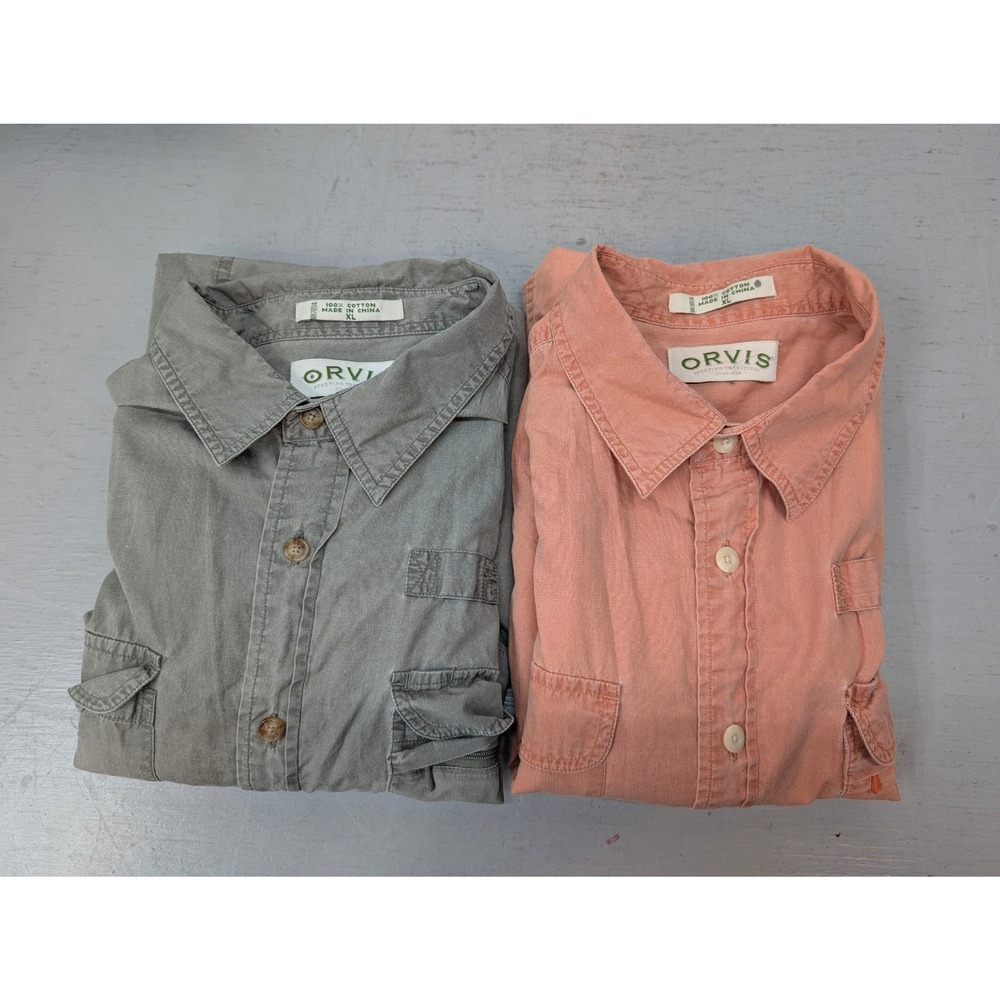2pc Orvis Long Sleeve Button Down Utility Shirt Men's XL Sage Green Coral Cotton